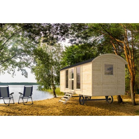 Roulotte en bois Babette 600x240cm - Porte latérale, double vitrage