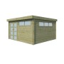 Vue latérale de l'abri de jardin 15m2 - Imprégnation verte - Toit plat