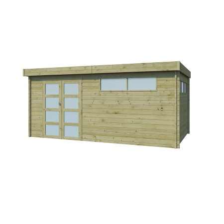 Vue de l'abri de jardin 15m2 - Imprégnation verte - Toit plat