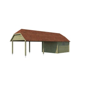 Vue de face de l'Abri de jardin 33m2 Oxon XXL 940x355 - 28mm - Imprégnation verte - Bardeaux inclus